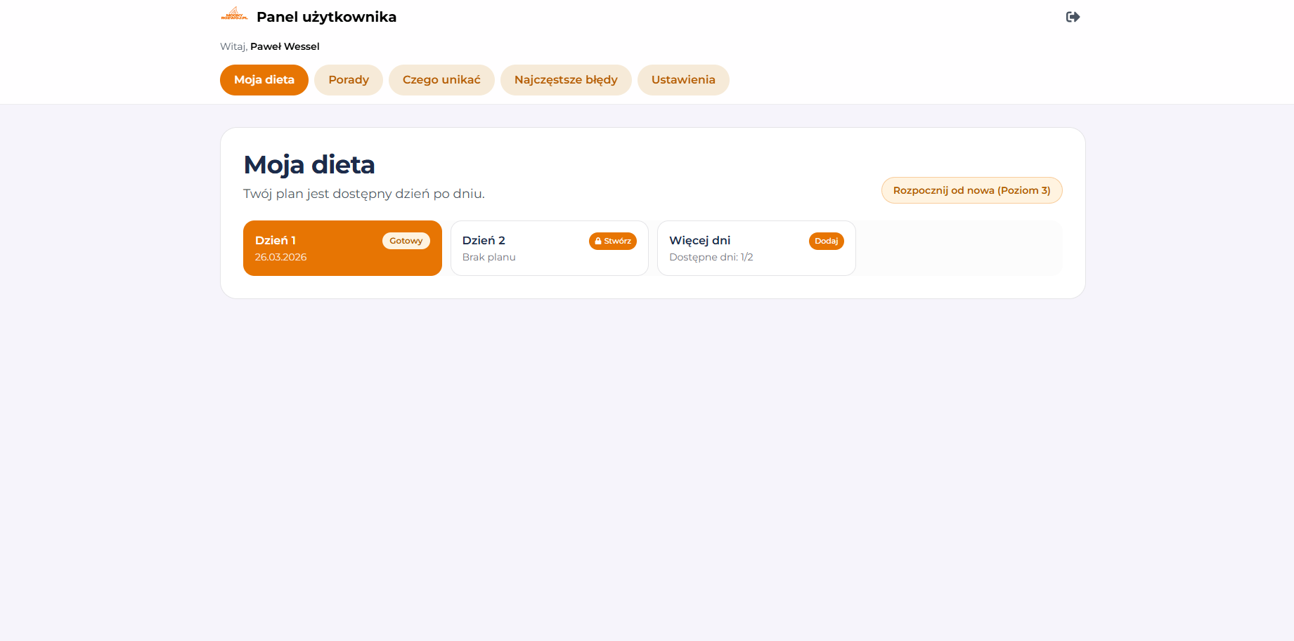 Panel użytkownika Dzien Diety - podgląd indywidualnego planu