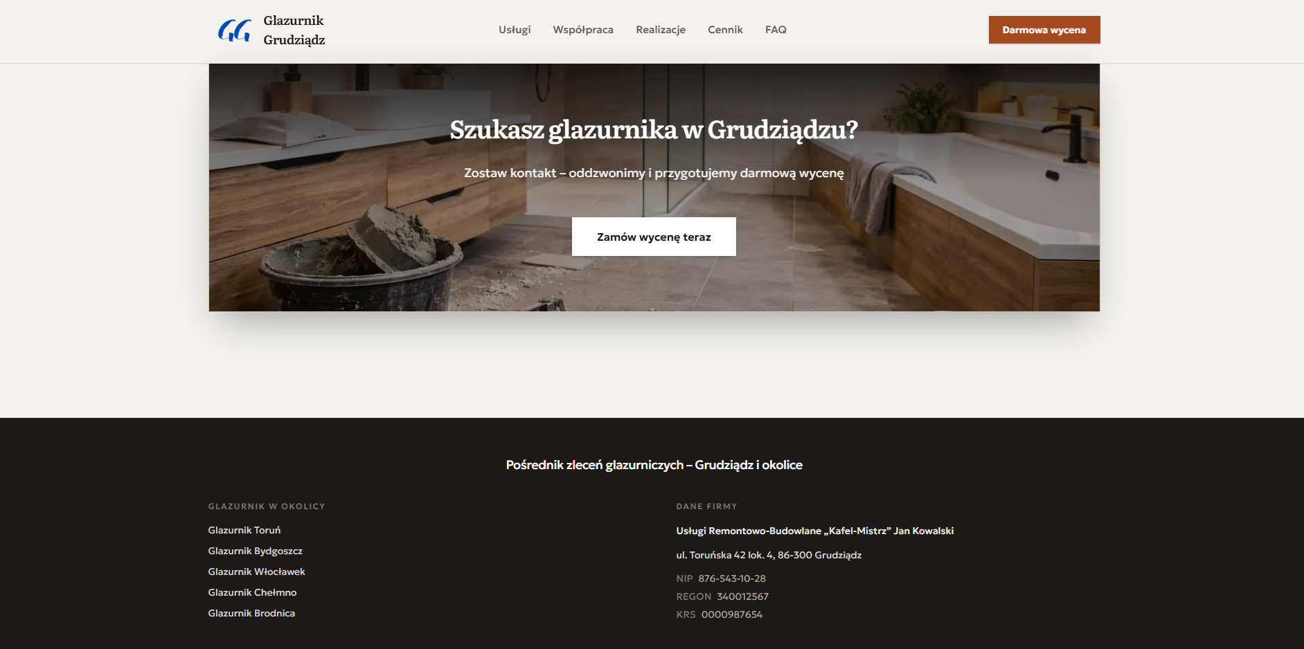 Strona firmowa glazurnik Grudziądz - stopka i kontakt lokalny
