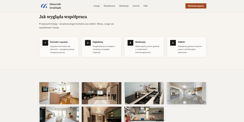 Sekcja zaufania z etapami współpracy i argumentami dla klienta